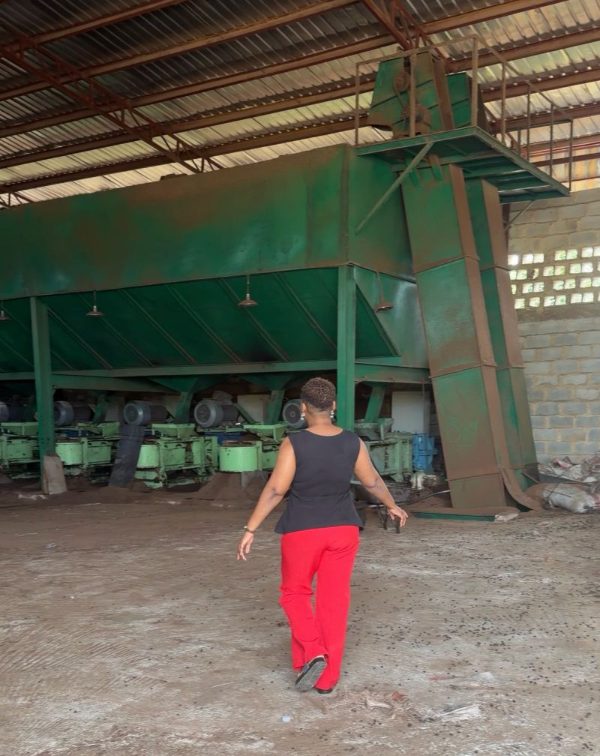 Oluwaseun Lijoka walking past green processing machinery on a factory floor