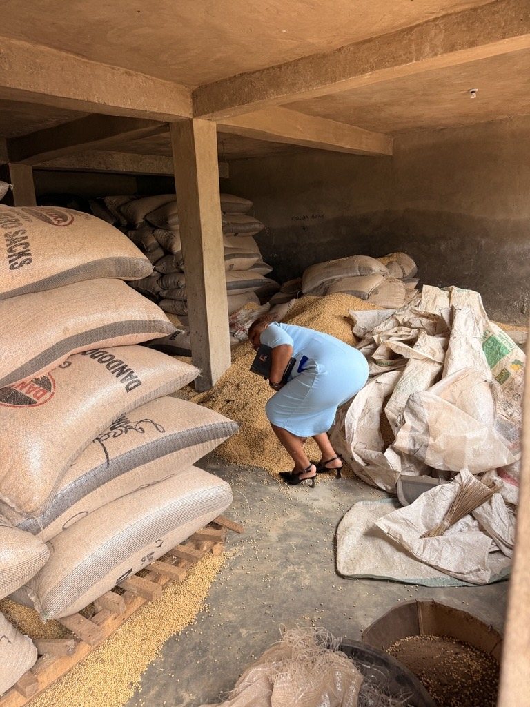 Oluwaseun Lijoka bending to inspect loose sesame seed heaped on the floor of a store, beside stacked sacks